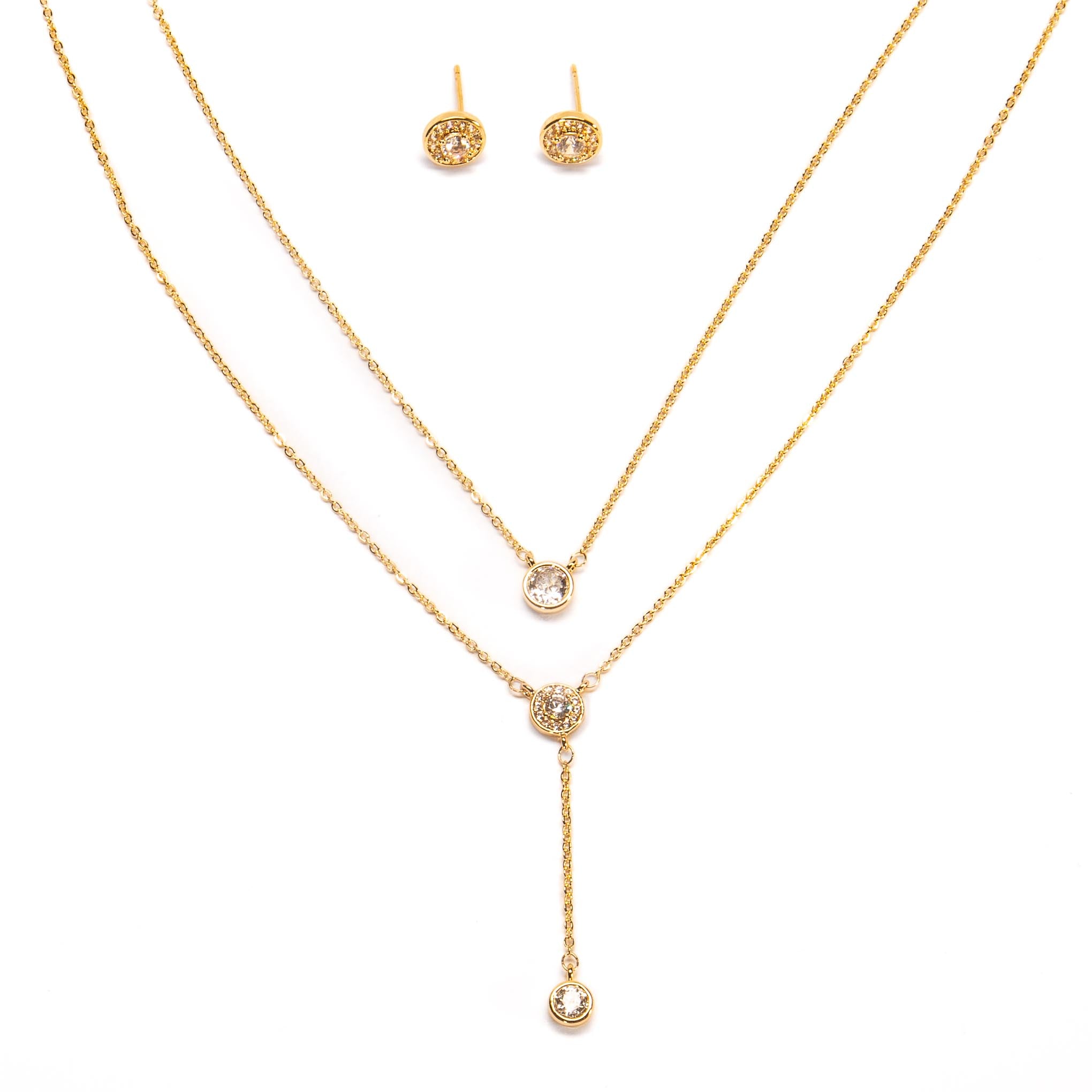 Collar y aretes dorado doble zirconias biseladas