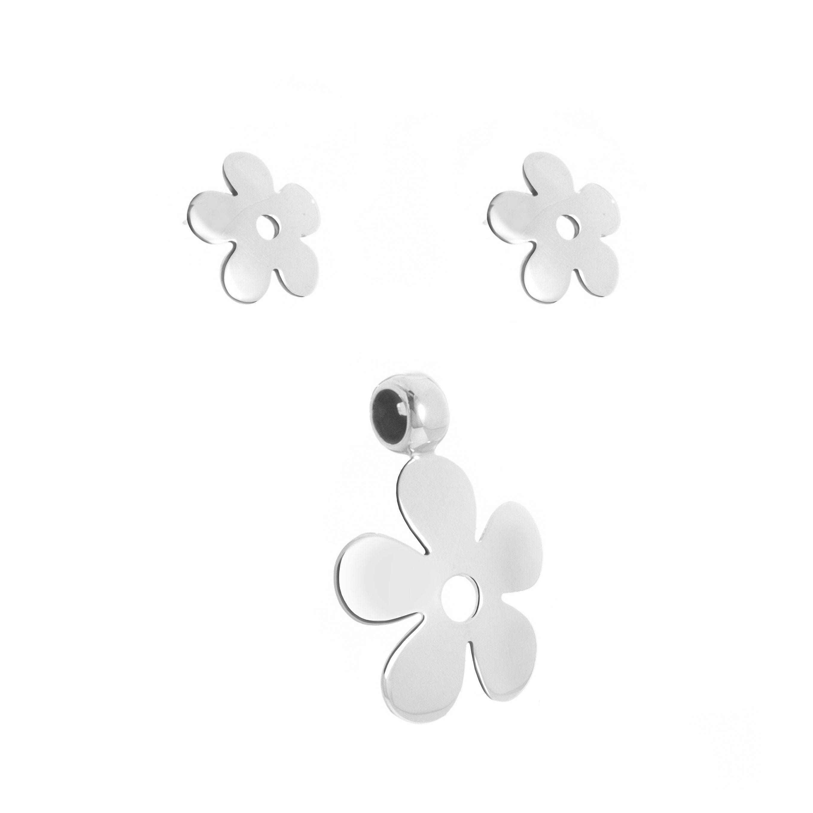 Dije y aretes de flor con pétalos circulares de Plata