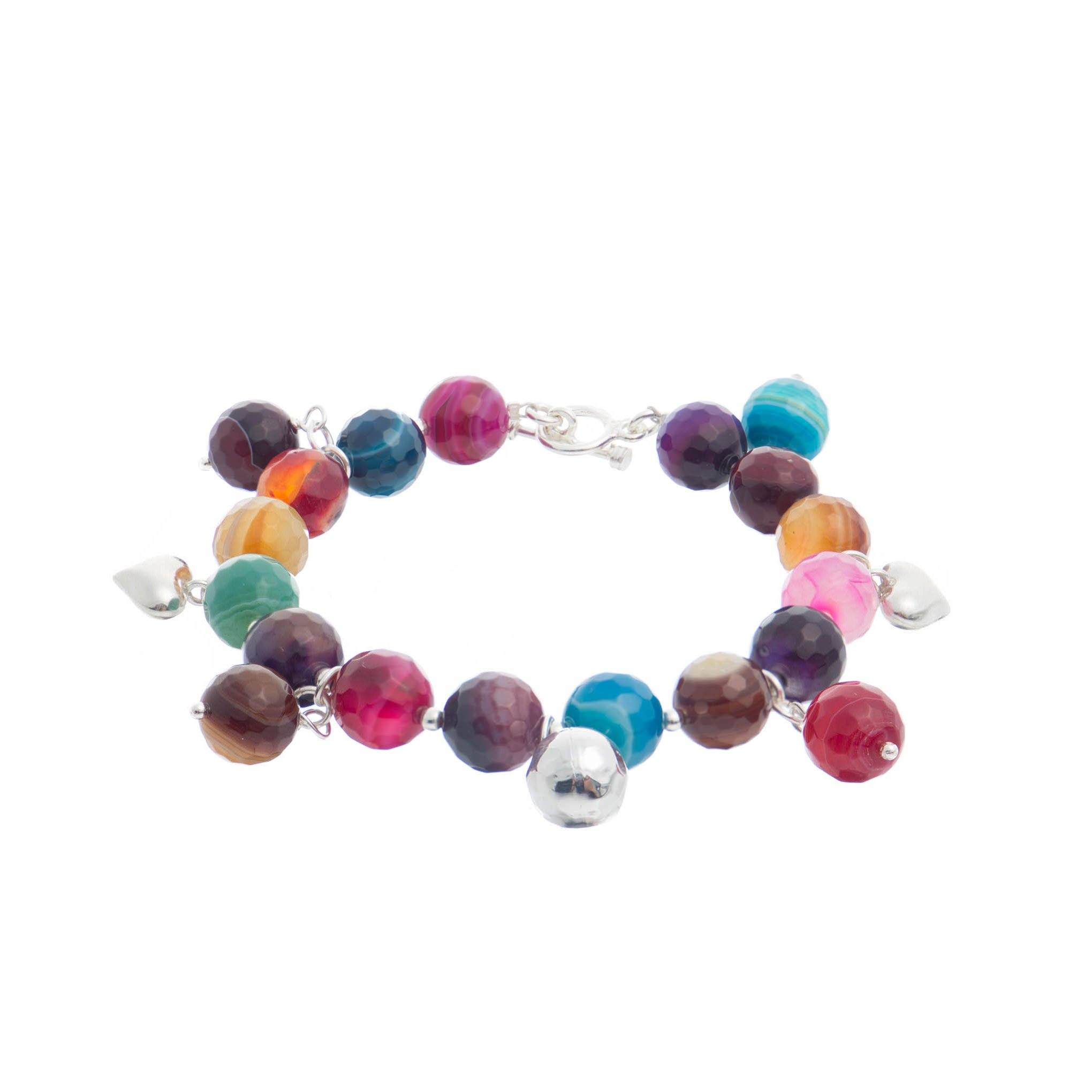 Pulsera de esferas y corazones colgantes de plata