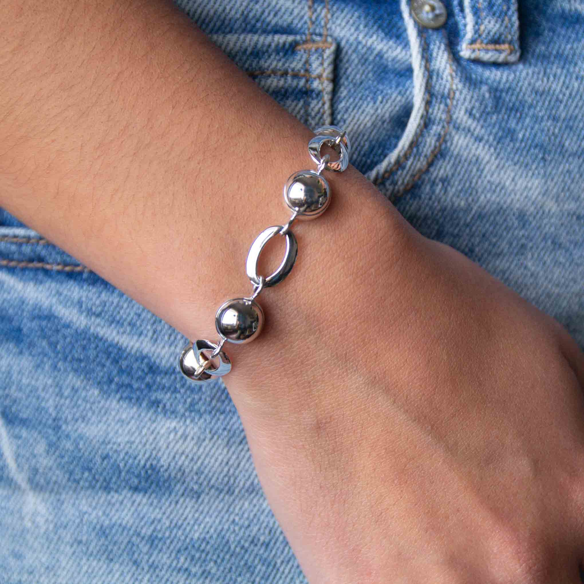 Pulsera ovalos y esferas de plata de plata mexicana